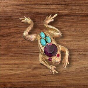 Vintage Coro frog  brooch pin‎ colorful Ruby red and turquoise blue stones 2"